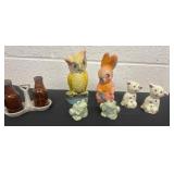 2 chalkware with 3 salt and pepper shakers