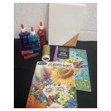 Glitter glue, coloring books with canvas and