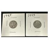 Two 1945 Mercury Dimes