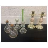 4 candle holders, green single stem vase and 2