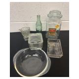 Pyrex bowl, candy dish Coca Cola bottle and jar