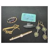 Group of pin and earrings and one tie clips  has