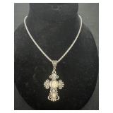 Silvertone Filigree Cross w/Faux  Stone