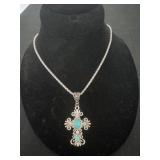 Silvertone Filigree Cross w/Faux Turquoise Stone
