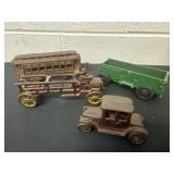 Cast iron train and trailer fire truck and car