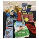 Group of dog items and leash and more