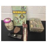 Vintage Buttons, thread, scout book and 3 in 1