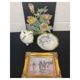 Piggy bank and pale and ceramic floral wall art