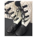 Size 8 white and black snow boots