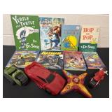 Group of kids books and toys