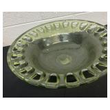 vintage green glass bowl with an open lace rim,
