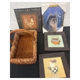 Group of picture frames and basket