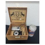 Tabacco cigar box 2 camera and Billy beer can