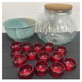 14 red glass candle holder, 8ï¿½ glass jar and 7ï¿½