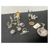 Group of pewter, wood and nickel items.