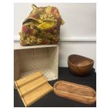 Wood bowl, basket and purse