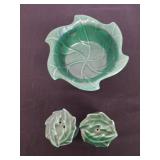 Vintage green glazed ceramic bowl and salt and
