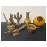 Group of carved wood pieces, cactus, birds with