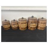 Vintage 5 pc Barrel deisgn faux wood canister set