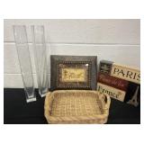 Basket with 2 16ï¿½ glass vases and home decor