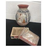 7ï¿½x4ï¿½x3ï¿½  and 11.5ï¿½ clay vase, has chip and clay