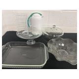 Group of glass bowls, pyrex dish, cake