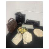 Group of purses, caddy kit, Tin can embroidery