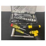 Group of sockets and screw drivers