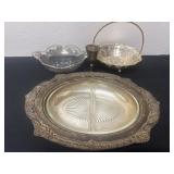 Silver plated dish and baskets and glass bowl