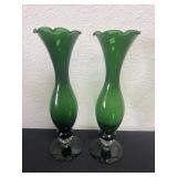 Two 9 inch glass green vases