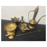 Group of brass items: teapot, candle holders, vase