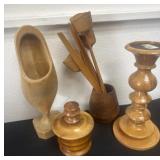 Group of wood candle holder, flowers and wood