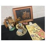 Group of bear figurines, cat picture and clip