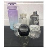 Group of mason jar, to go water bottle and cheese