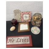 Group of home Decor and glass apple and snow globe