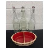 Three 13ï¿½ glass bottles with Avon dish