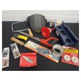 Group of misc tools, saw knee pads duct tape