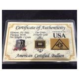 One Grain 24K Gold American Certified Bullion COA