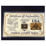 One Grain 24K Gold American Certified Bullion COA