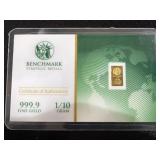 Benchmark Strategic Metals Gold Bar 1/10 COA