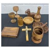 Group of wood cups and vases tinker box and cross