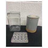 Stoneware canister glass canister and dish