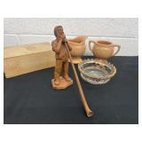 Cream and sugar with figurine and wood box glass