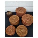 Vintage set of stacking baskets and a wooden