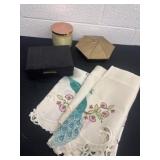 Peacock curtain, mini table cloth, candle