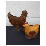 Two chickens, metal and ceramic 7.5 and 5 in