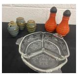 7ï¿½ relish dish 5ï¿½ Vtg MCM Hazel Atlas Salt Pepper