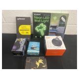 Neon led light, speaker, black light bulb and