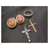 Pair of clip on earrings with 2 cross pendants