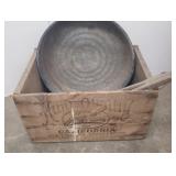 Crate, galvanized pan, wheels, Wooden tongs